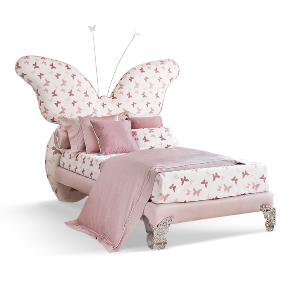 <strong>BUTTERFLY</strong> bed <br>
<strong>1570</strong> dresser with 2 drawers<br>
<strong>1571</strong> nightstand with 2 drawers <br>
<strong>7205</strong> tufted heart armchair <br>
<strong>4029</strong> ruffled rectangular mirror <br>
<strong>4011</strong> ruffled round mirror <br>
<strong>BS28</strong> 6 light chandelier with crystal ball and butterflies<br>
<strong>BS25</strong> 1 light lamp with butterflies<br> 
<strong>IL08</strong> butterfly rug