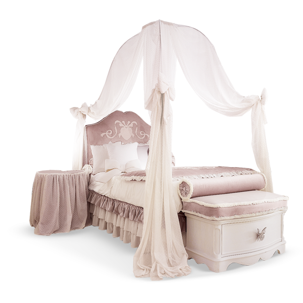 <strong>TIFFANY</strong> bed with embroidery<br>
<strong>3015TB</strong> set of canopy drapes<br>
<strong>1071</strong> nightstand with 2 drawers<br>
<strong>4010</strong> ruffled round mirror <br>
<strong>2080</strong> wardrobe with oval mirror <br>
<strong>8111</strong> Matilde loveseat<br>
<strong>6001</strong> Antony armchair <br>
<strong>6008</strong> small round pouffe<br>
<strong>7204</strong> heart pouffe <br>
<strong>2142</strong> heart table lamp, 2 lights <br>
<strong>2039</strong> hot air balloon chandelier, 12 lights <br>
<strong>IL05</strong> small heart rug, pink